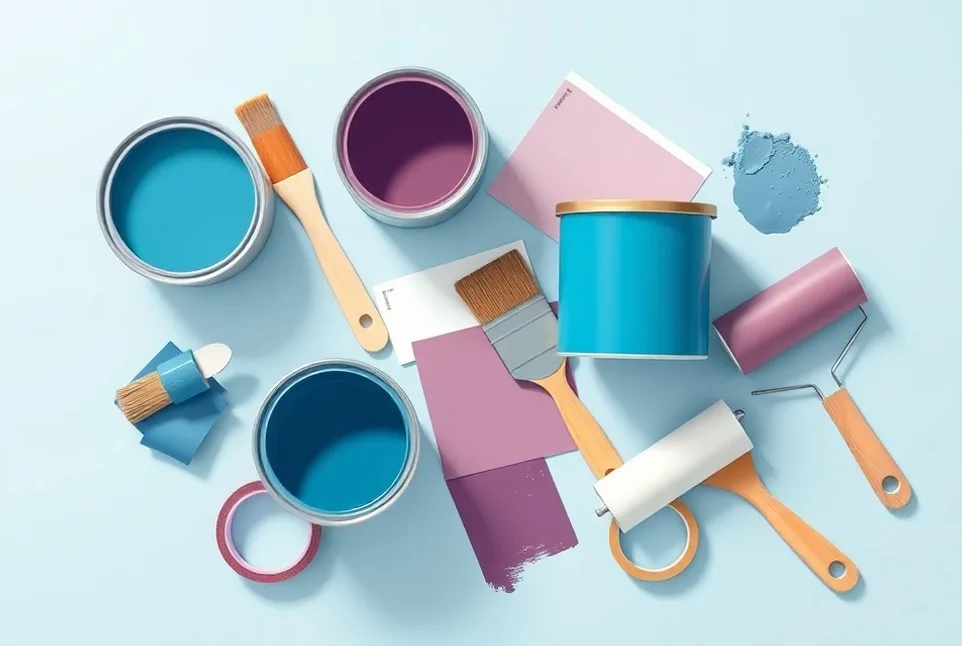 Pots de peinture, nuancier, brosses et rouleaux disposés à plat