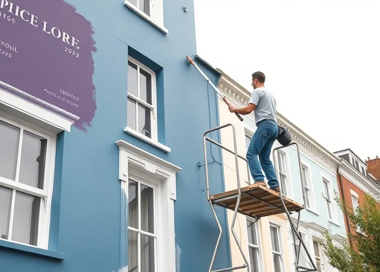 Peintre sur échafaudage traitant la façade d'une maison