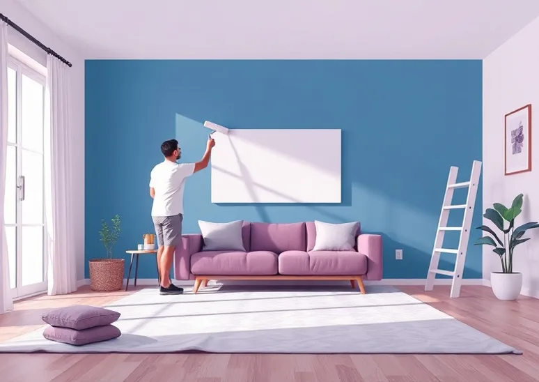 Peintre appliquant la peinture au rouleau sur un mur de salon